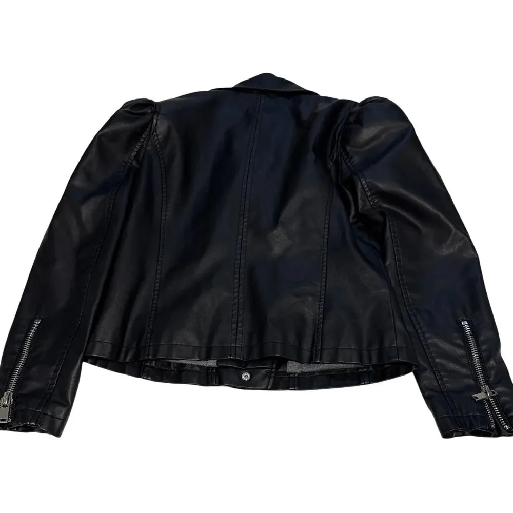 Chaser Black Faux Leather Puff Sleeve Moto Biker Jacket Womens XSmall - Picture 4 of 9